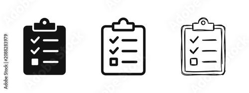 Obraz na plátne Checklist clipboard document icons in solid, outline and sketch styles