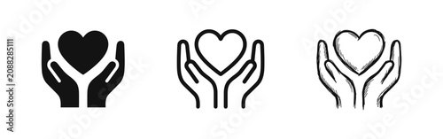 Cuadro en lienzo Hands Holding Heart Icon Set, Charity and Love Symbol in Different Styles