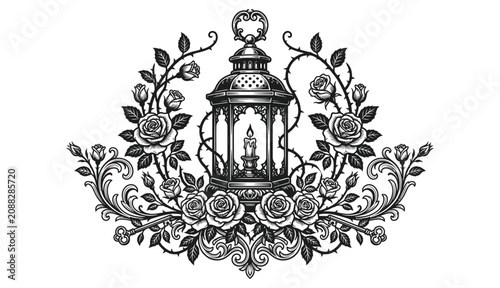 Photography Gothic vintage lantern with burning candle and ornate roses filigree vector illu