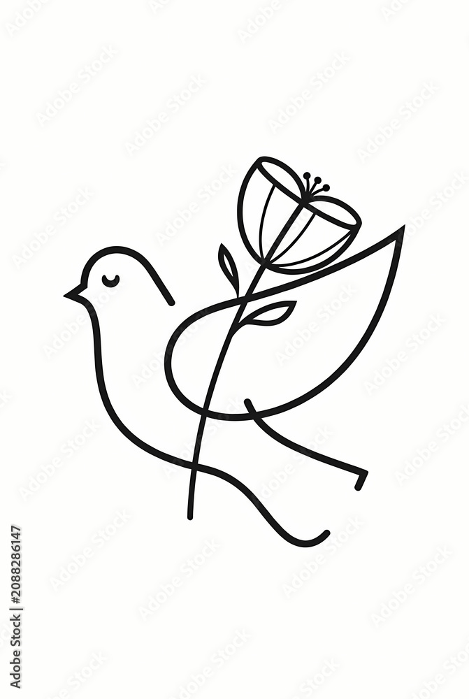 Fototapeta premium Minimalist flying dove holding flower line art for peace and charity branding identity