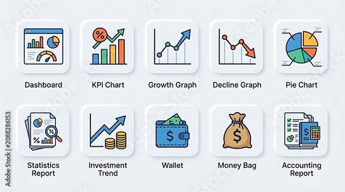 Icons show a collection of financial accounting tools and business growth indicators for web design.