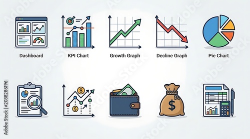 Icons display professional business analytics and financial data visualizations on a clean background.