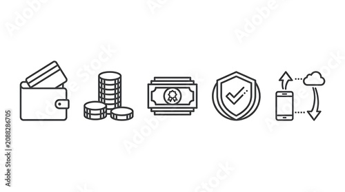 Monoline icons represent basic banking operations including card payments, coin accumulation, cash bundles, and cloud data synchronization services.