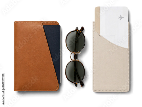 Travel accessories including sunglasses and passport holders isolated on transparent background