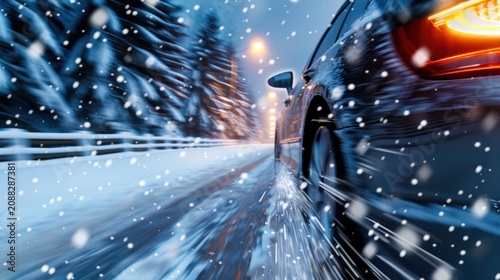 Snowy Night Driving Scene with Blurred Motion of a Car in Winter Wonderland