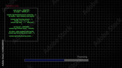Animated hacking terminal screen with green code and processing progress bar