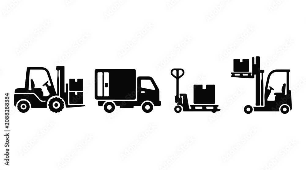 Naklejka premium Sequence of black and white illustrations showing different types of warehouse and logistics forklift trucks in various