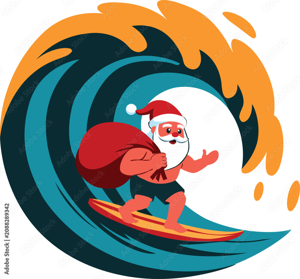 Naklejka premium Santa Surfing on Summer Beach Wave