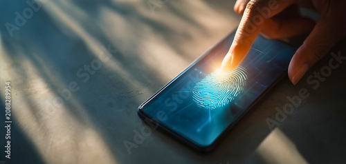 Fingerprint authentication unlocks modern smartphone for secure digital access in bright outdoor setting