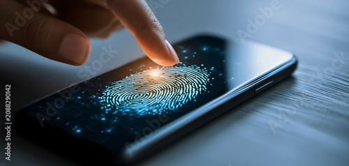 Fingerprint authentication unlocks modern smartphone with futuristic digital security interface