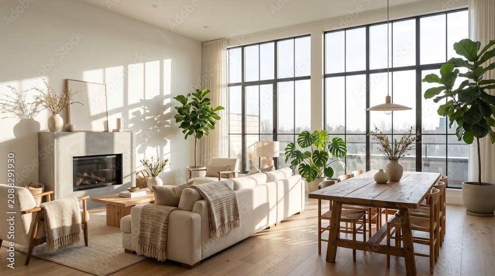 Fototapeta premium Modern Nordic Style Living Room with Tall Windows and Wood Furniture in Sunlight