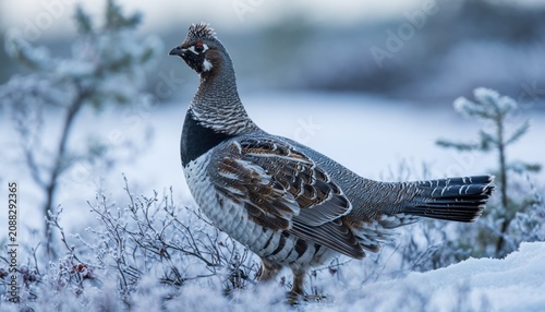 Willow ptarmigan standing in snowy tundra with winter plumage