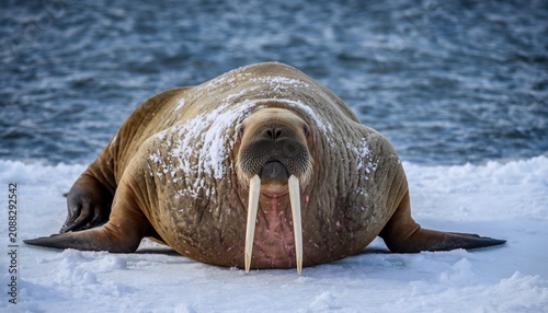 Walrus resting on Arctic ice near open water in winter
