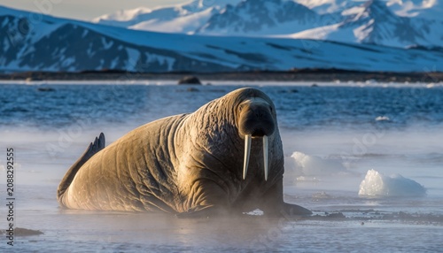 Walrus on Arctic Shore with Snowy Mountains and Sea Mist
