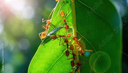Orange Weaver Ants Nesting on Bright Green Leaf in Sunlight