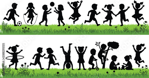 Happy kids silhouettes playing on green grass, childhood outdoor activities collection, children summer games illustrations for image