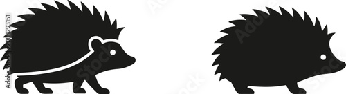 Hedgehog silhouette icons, cute wild animal side view shapes, spiky forest mammal graphic design elements isolated on white background