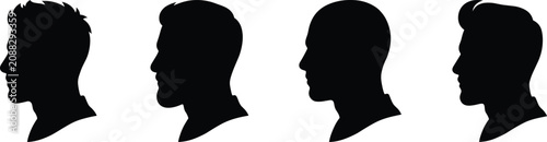 Men head profile silhouettes, male hairstyle collection, barbershop haircut style models, side view face shapes, isolated graphic elements