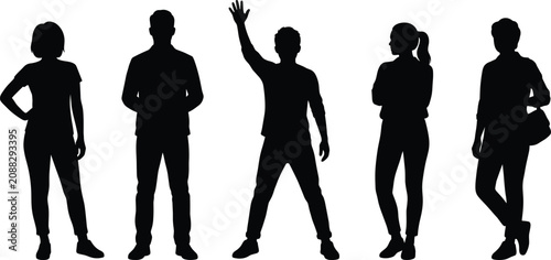People silhouettes standing in group, casual men and women, person waving hello, diversity crowd illustration for image