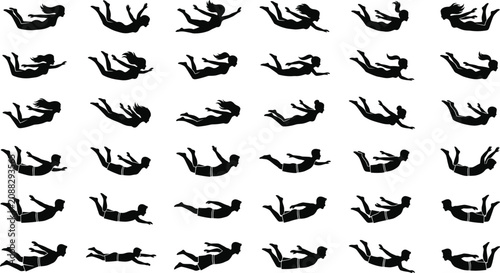 Silhouettes of people skydiving, men and women freefalling in air, flying individuals, extreme sport, diving and swimming poses