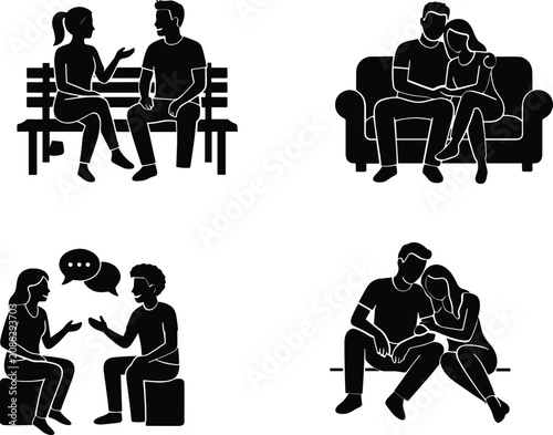 Silhouettes of romantic couples sitting, talking on bench, cuddling on sofa, communicating with speech bubbles, relationship and love concepts