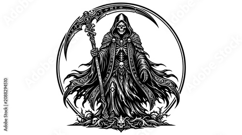 Konstfotografi Grim Reaper Scythe Death Skeleton Cloak Circle Illustration