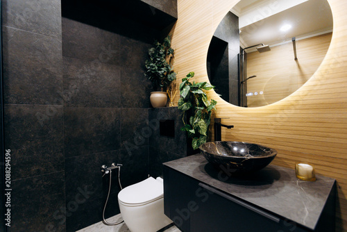 Modern bathroom interior with black marble sink, wooden wall paneling, oval mirror, white toilet with bidet spray, warm lighting, and potted greenery in elegant residential space