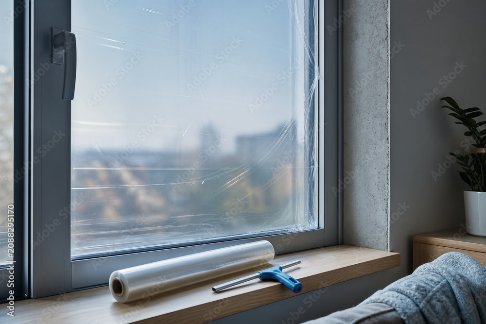 Obraz premium Film isolant posé sur une fenêtre d'appartement
