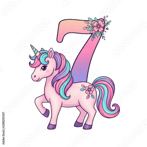 Colorful cartoon unicorn with rainbow mane and horn standing