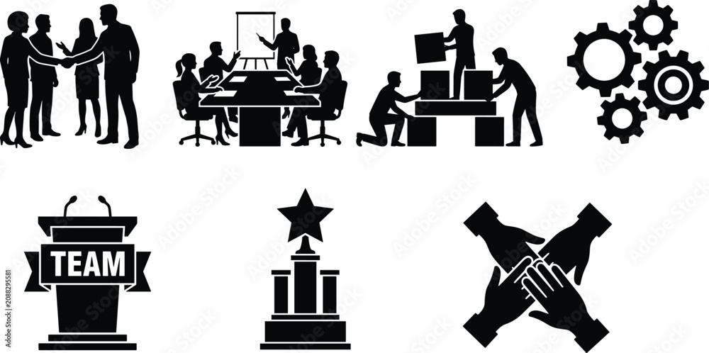 Fototapeta premium Business teamwork and corporate collaboration vector silhouette set featuring handshake, meeting, strategy presentation, and success icons