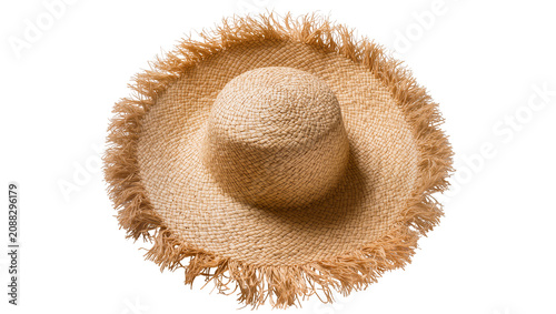 Foto Woven straw sun hat with frayed edges, isolated on transparent background