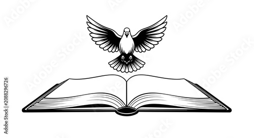 Tablou pe pânză Holy Spirit Dove Above Open Bible Vector Illustration