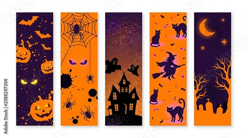 Halloween decorations with spooky silhouettes on orange background