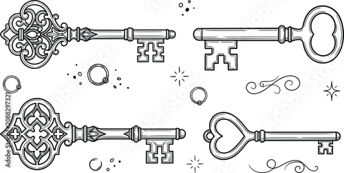 Hand drawn vintage antique keys vector collection set with ornate details decorative elements stars rings and scrolls,