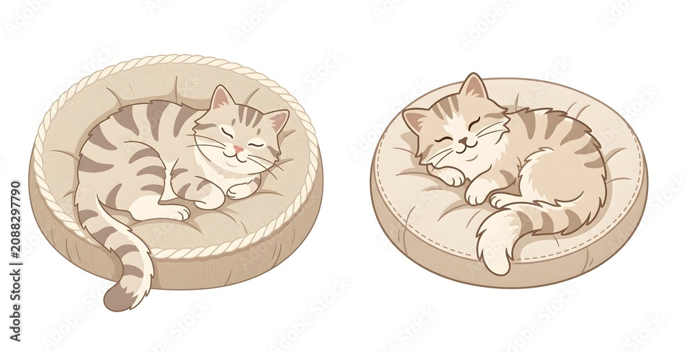 Fototapeta premium Cute sleeping cat illustration set, 2 tabby kittens resting in soft round pet beds, cozy feline character art on white background