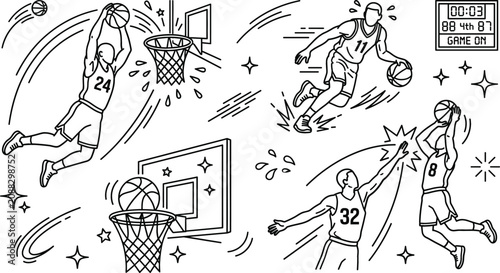 Photos Basketball match action doodle element set featuring players dunking dribbling b