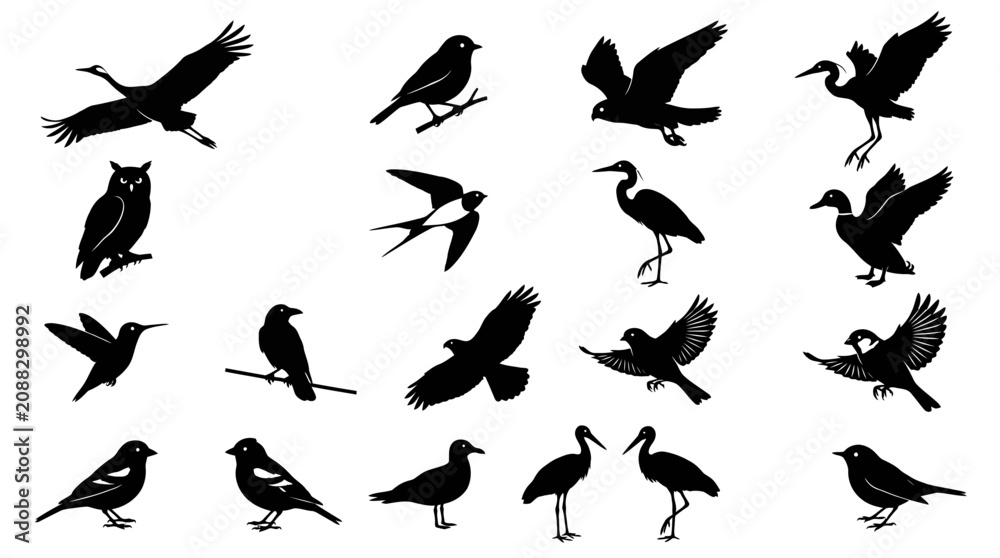 Fototapeta premium Fifty black bird silhouettes in varied flight and perch poses, showcasing species diversity, wing motion, and elegant avian form balance.