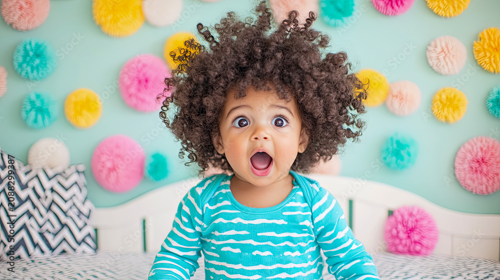 Fototapeta premium Adorable toddler with big curly hair and surprised facial expression sitting in bright, colorful bedroom decorated with festive pom-poms on light blue wall for cheerful portrait