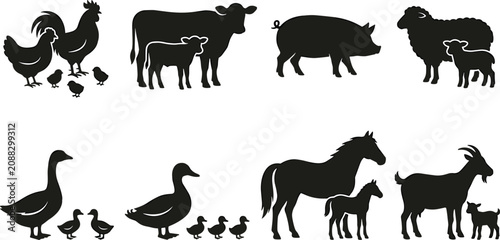 Tableau sur toile Farm animals silhouette icon set with parents and offspring featuring cattle hor