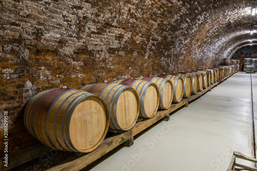 Fotografie Wine barrels aging in traditional cellar in Bataapati, Hungary
