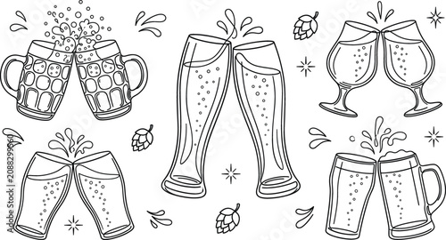 Obraz na płótnie Beer glass clinking toast vector doodle element set featuring mugs pint glasses