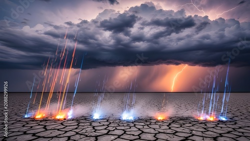Lightning strikes over dry cracked earth with glowing colorful light pillars, lightning