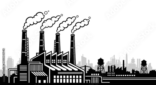 Tableau sur toile Industrial Factory Landscape Silhouette with Smoking Chimneys