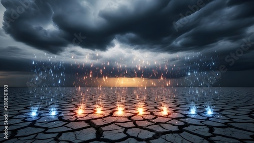 Dramatic storm clouds with glowing light beams hitting dry parched earth landscape