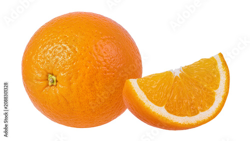 Whole ripe orange next to a juicy slice, isolated on transparent background