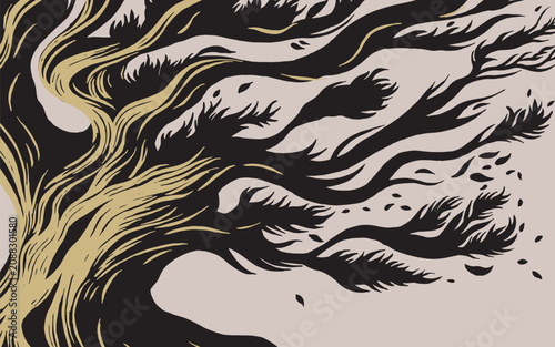 Foto Hand drawn windswept tree background featuring twisted trunk, flowing branches and scattered leaves