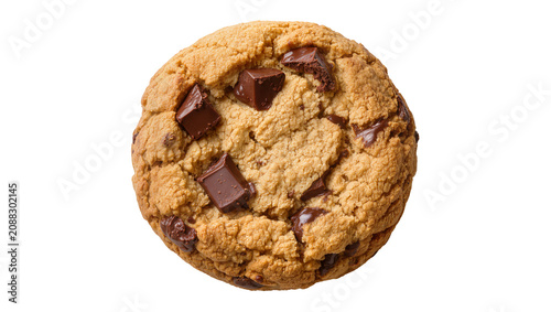 Bild auf Leinwand Golden brown chocolate chip cookie with chunky dark chocolate pieces, isolated o