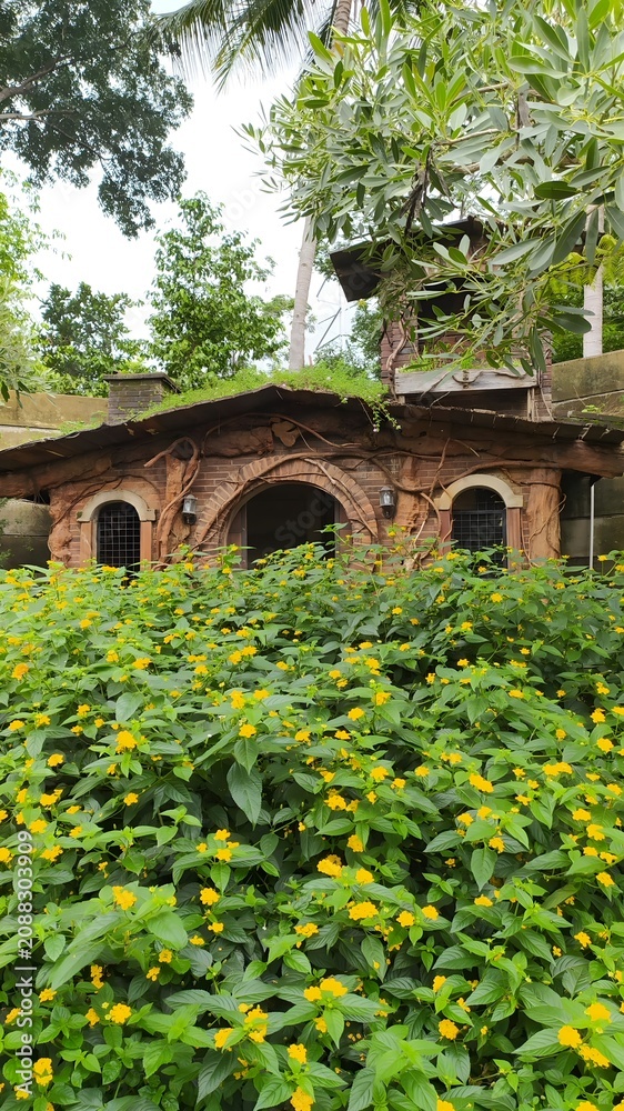 Obraz premium Original daylight photo of a rustic garden cottage surrounded by blooming yellow flowers and lush tropical greenery, captured with authentic natural details and real outdoor lighting.