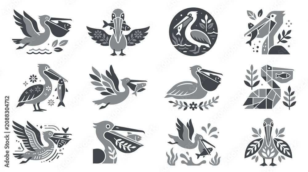 Fototapeta premium Industrial Style Black and White Pelican Bird Illustrations with Fish and Nature Elements for Design