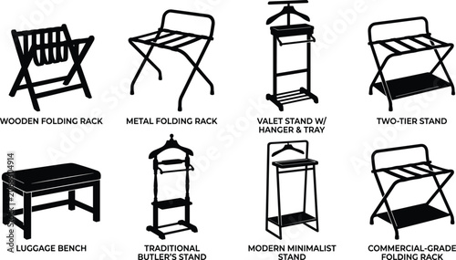 Hotel luggage racks and valet stands icon set featuring folding furniture traditional butler stand and bench silhouettes